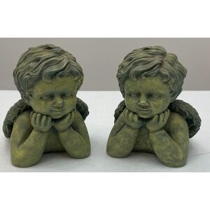 Verdigris Cherub Angel Figurines Pair Resin Garden Decor 4x4